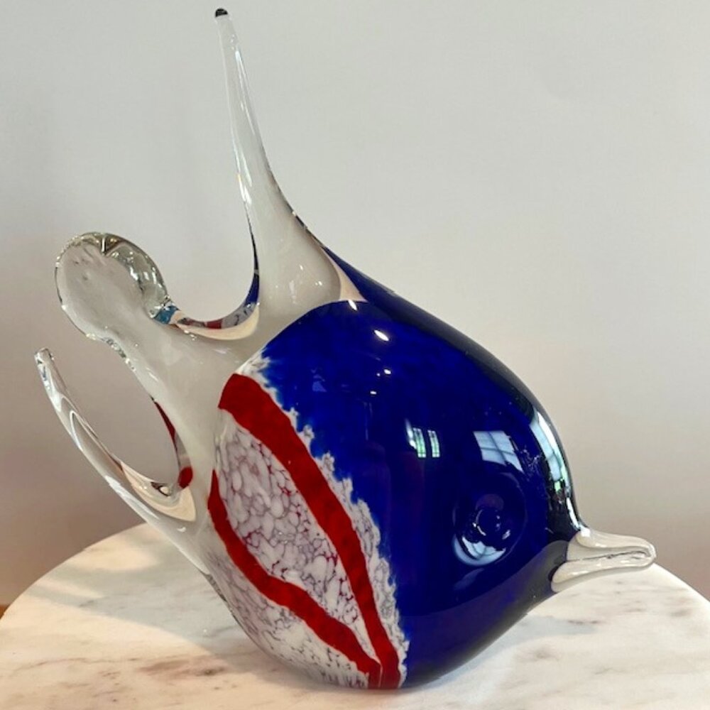 Art Glass Red White Blue 8" Angel Fish Murano Style Paperweight